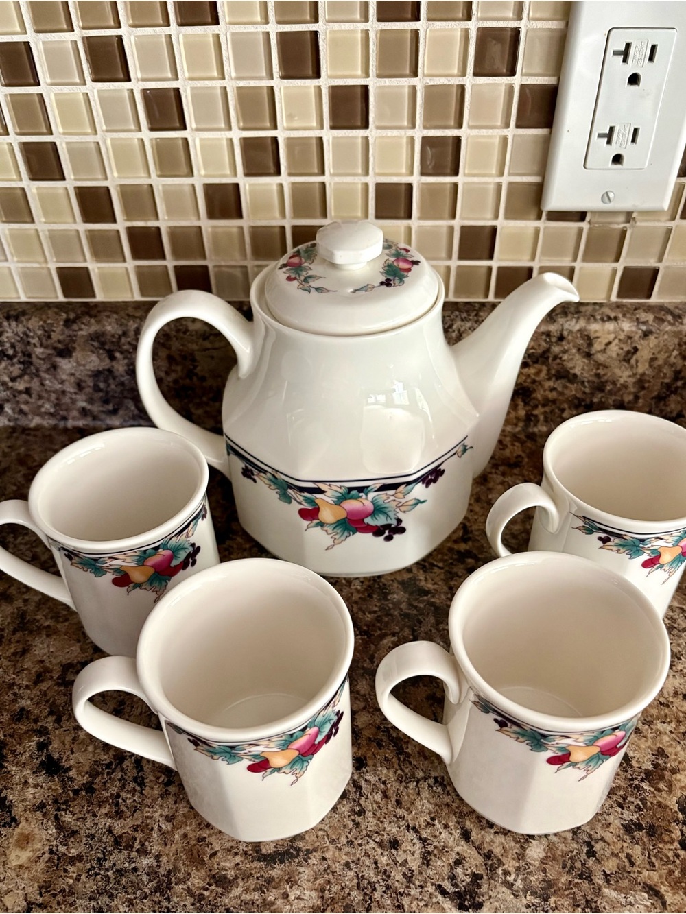 Royal Doulton White Ceramic Teapot and Mugs with Fruit and Floral Band